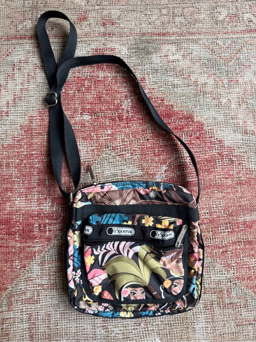Lesportsac Black Crossbody with Multi-Color Floral and Character Print